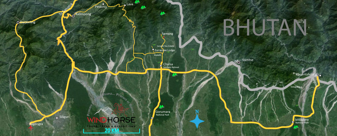 Dooars, Kalimpong & Darjeeling Trip Map, Route Map