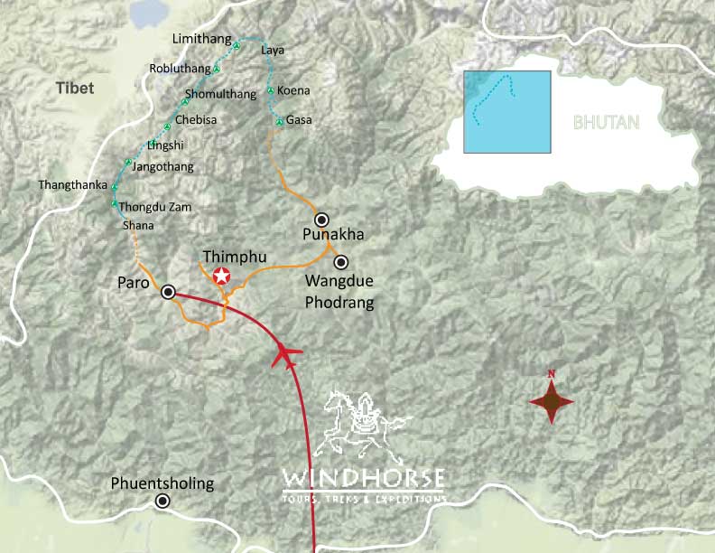 Above The Clouds – Chomolhari Laya Gasa Trek Trip Map, Route Map