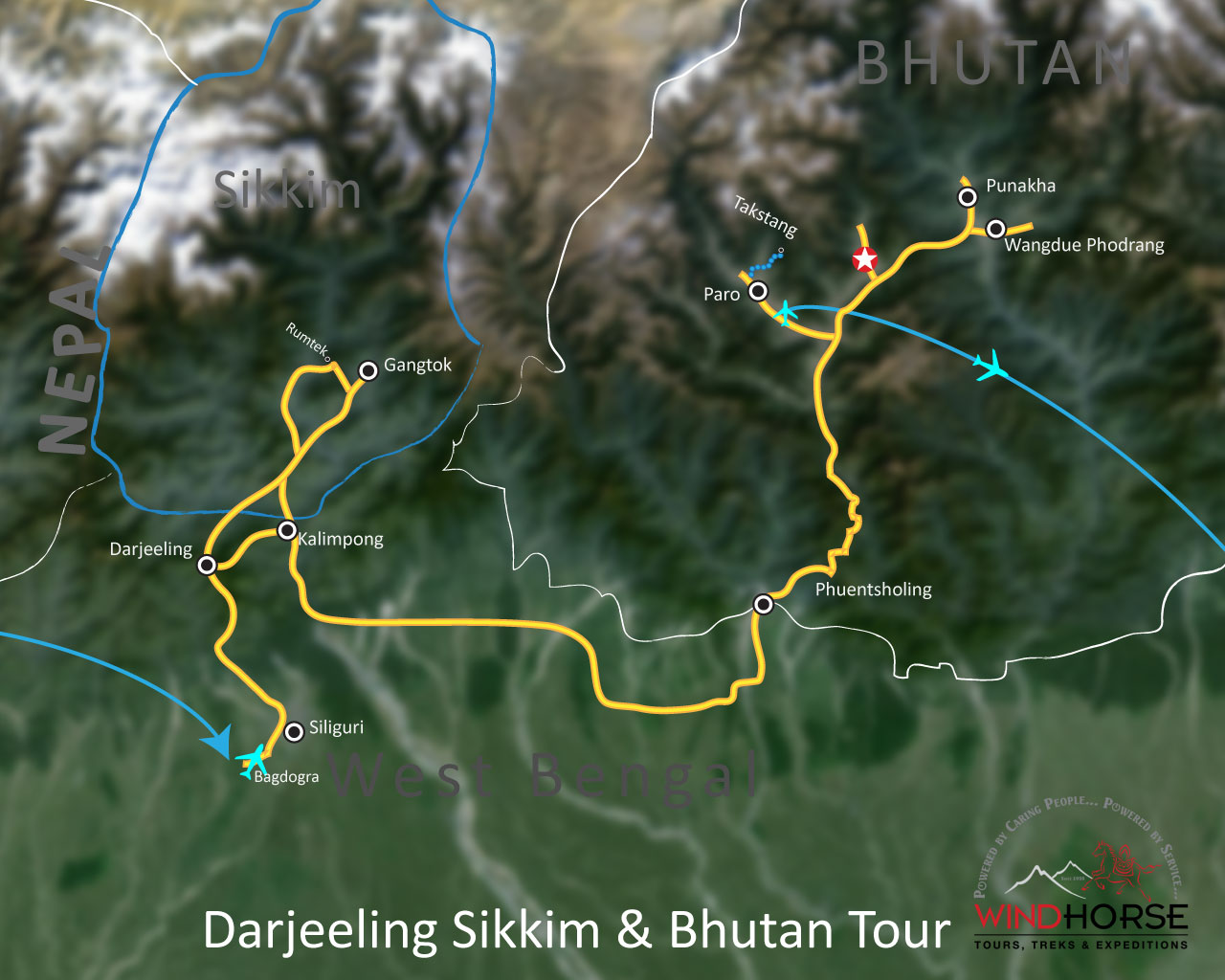 Darjeeling Sikkim Bhutan Tour Trip Map, Route Map